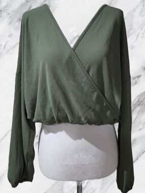 SHEIN Olive Green Wrap-Front Long Sleeve Crop Top